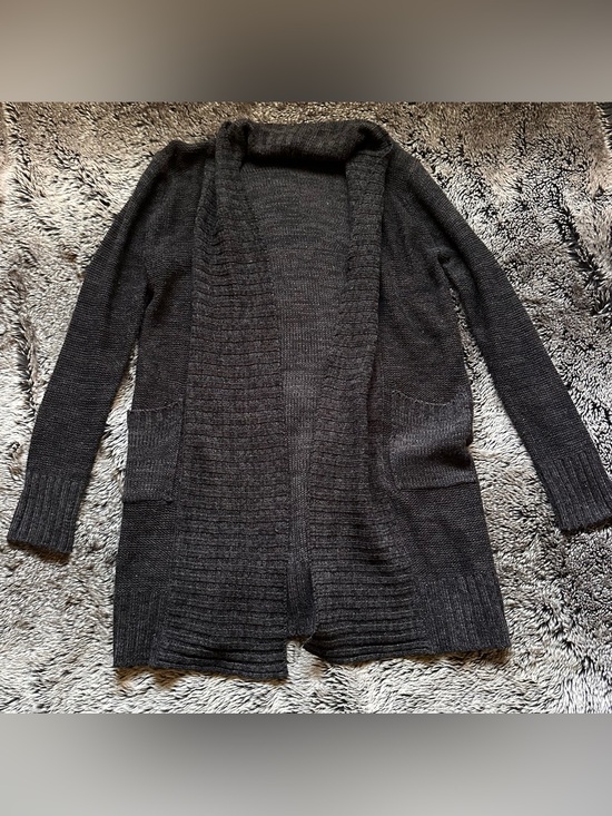 Sweaters - Women’s Open-Front Charcoal Gray Knit Long Cardigan